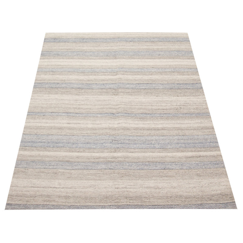 Tapis gris / kaki en laine rayé rectangulaire fait à la main 5 pi 1 po x 8 pi 1 po Margorie