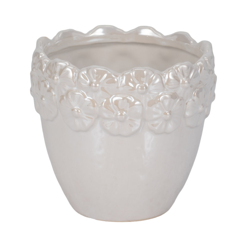 Stoneware Ceramic Planter with Embossed Floral Rim and Curved Edge Detailing for Decorative Display and Contemporary Accent Styling
