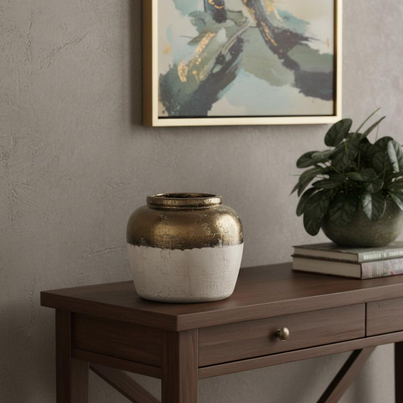 Vase de table rond en céramique 11 "11" bronze antique et gris clair