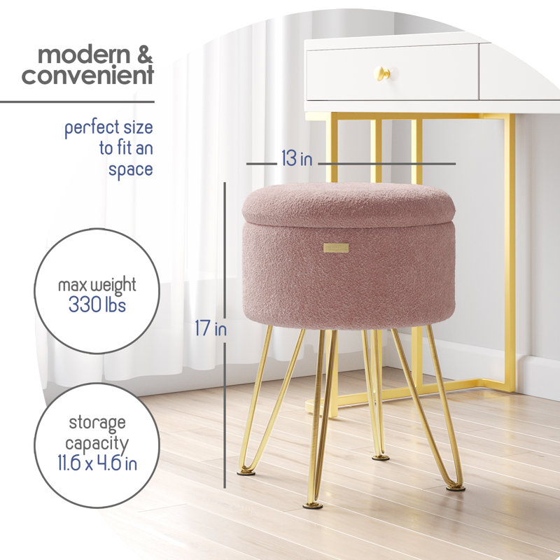 Modern Round Storage Ottoman Side Table, Gold, Pink boucle 