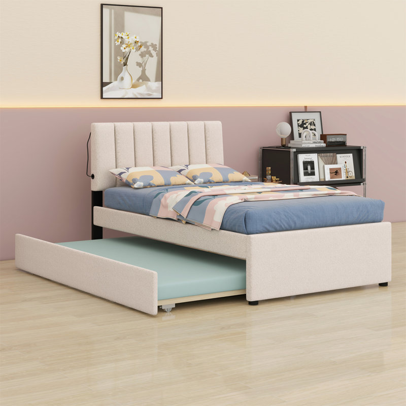 Lit plateforme tapissier avec lit gigogne, Beige