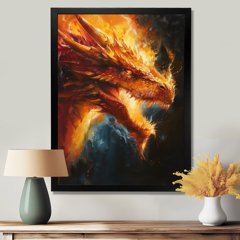 Orange, jaune, feu, dragon, I, dragon, art mural, salon, H 20 po x l 12 po x P 1 po, Toile encadrée noire simple