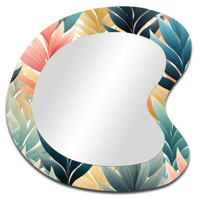 Coral And Green Enchanted Ferns Chevron Pattern - Floral Unique Shape Wall Mirror, Cottage Asymmetrical Decorative Mirror, Printed Metal Art