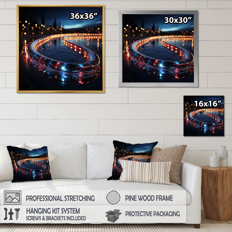«Bright Lights Big City Nocturnal Cityscape», reproduction d'art sur toile, H 16 po x l 16 po x P 1 po, Cadre simple argenté