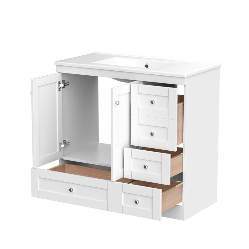Meuble-lavabo autoportant de 72 po de style Shaker avec lavabo en céramique, tiroirs à fermeture en douceur et portes à fermeture en douceur