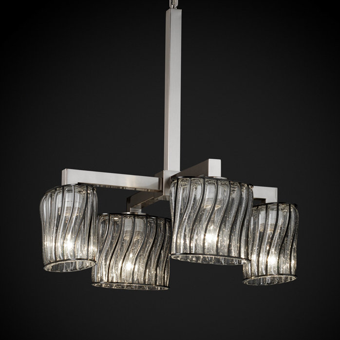 4 - Light Dimmable Chandelier, Swirl with Clear Bubbles, Brushed Nickel, Oval