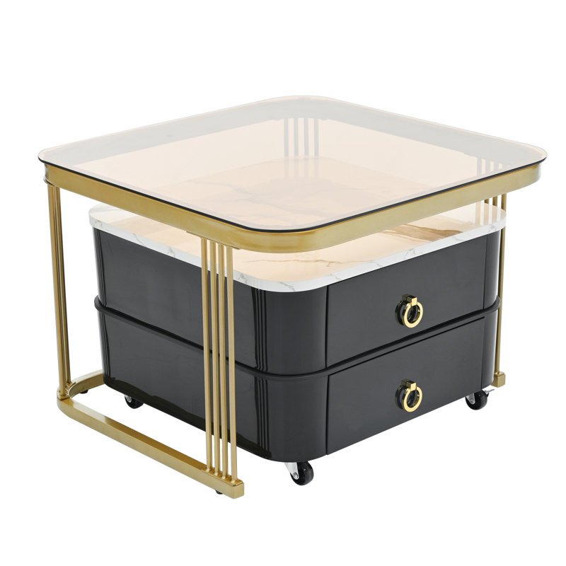 Square Nesting Coffee Table With Wheels & Drawers, Stackable Side Table With High Gloss Marble Grain Top, End Table Set With Brown Tempered Glass