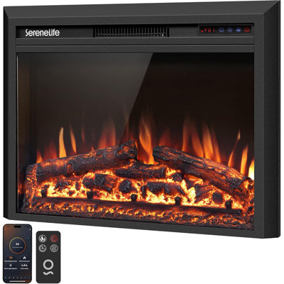 SereneLife Wall-Mounted Fireplace Heater - SLFPE29WBK - LED Flame with Smart Wi-Fi Control via Tuya App, Push Button Panel, Remote, and Log Sound Effect (Black)