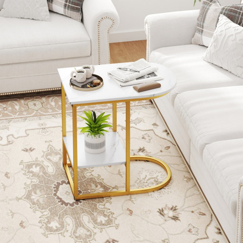 Table de bout compacte à 2 niveaux avec rangement en C pour petits espaces, Plateau blanc / base or