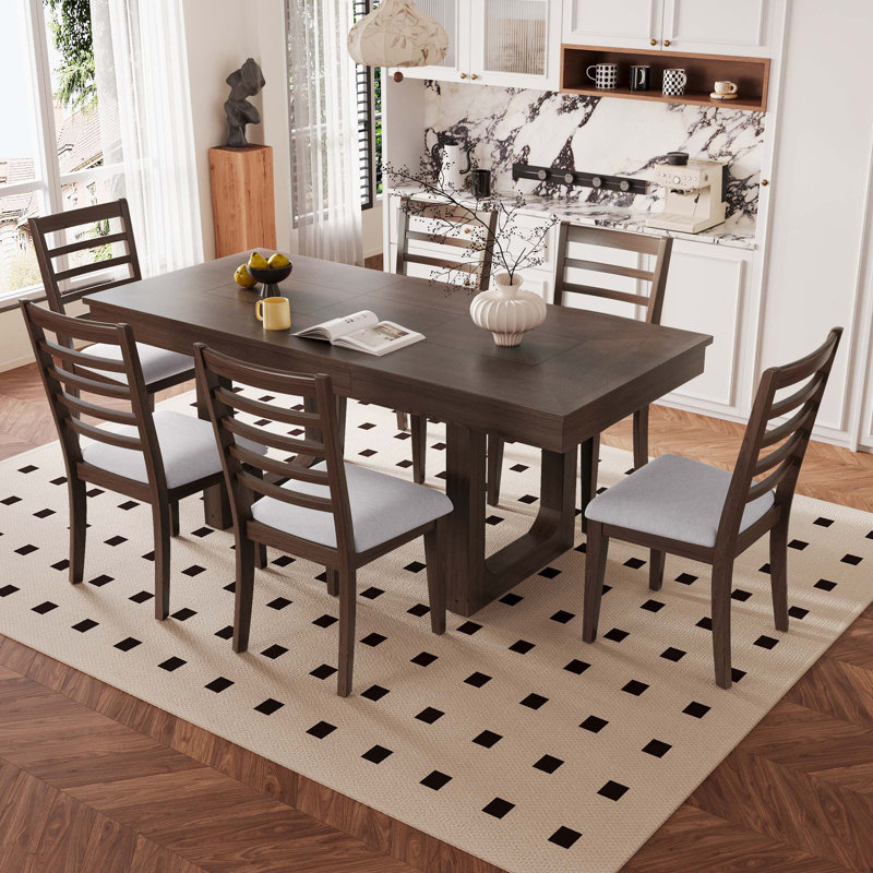 Ensemble de table de salle à manger extensible 7 pièces, table de ferme avec rallonge 18 ", table de cuisine en bois rustique 78" et chaises 6 pièces