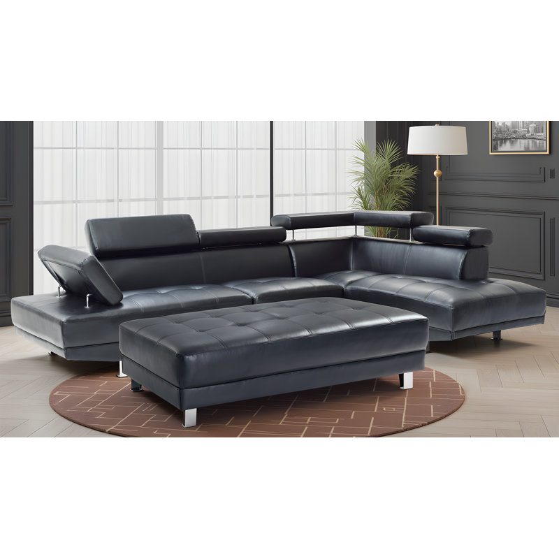 Farranshane White Faux Leather Sectional with Ottoman, Black