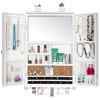 Wall Mounted Jewellery Box + Mirror, Wall Jewellery Organizer, Wall Mounted Jewellery Organizer, Jewellery Box Wall Storage for Necklaces, Earrings, and Accessories