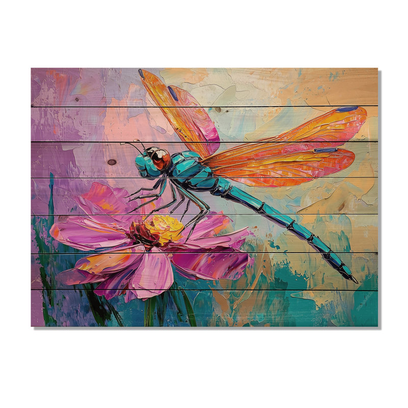 Libellule sur une fleur I - art mural moderne en bois sur bois de pin naturel, H 24 po x l 32 po