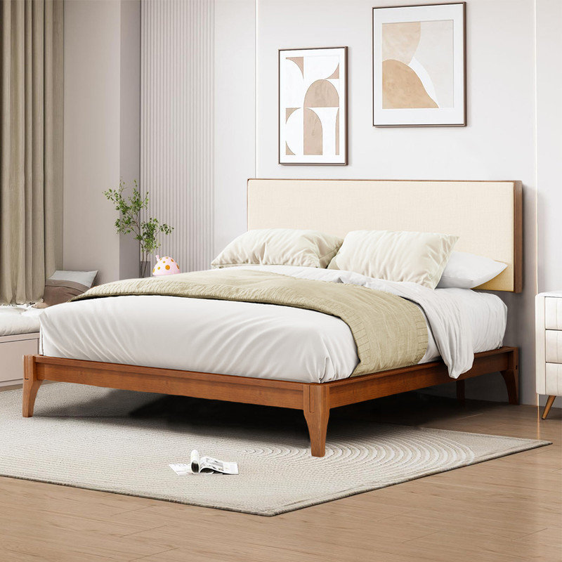 Lit plateforme solide en bois de bambou sec avec tête de lit tapissier réglable, Complet/Double