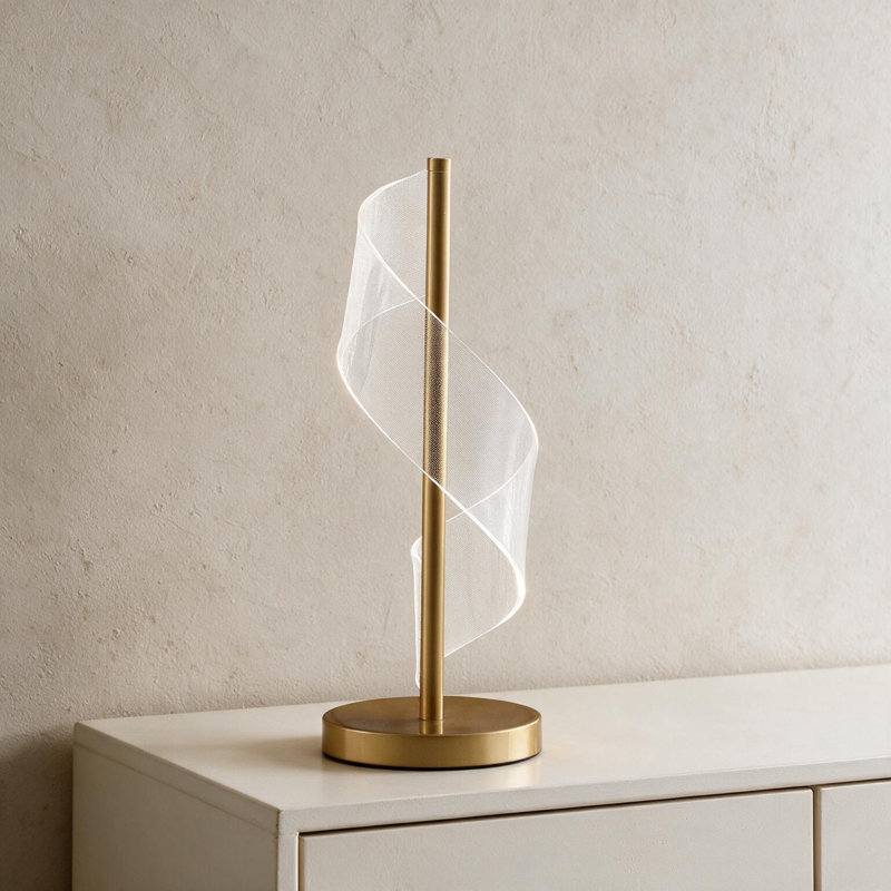 Lampe de table moderne Dinamo « S » à spirale en acrylique et DEL, 47,6 cm (18,75 po), or brossé