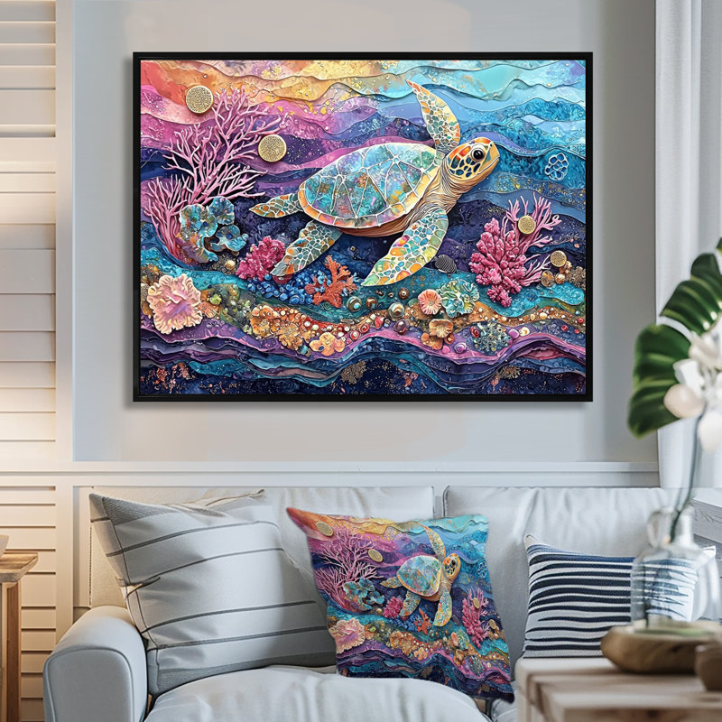 Coniah Aquarium Turtle Coral Sanctuary II - Tortue, art mural, H 30 po x l 40 po, Noir, noir, noir, noir