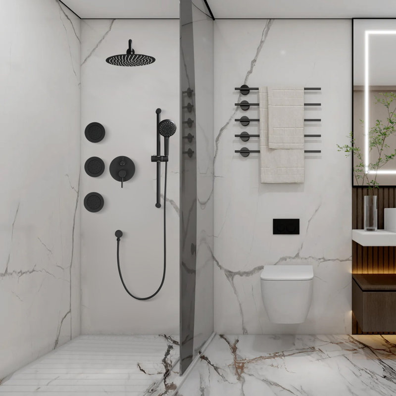 Système de douche à barre coulissante 12 po, ensembles de douche ronds, pomme de douche à pluie complète et combiné à 3 jets, fixation murale