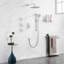 Système de douche complet en laiton blanc avec pomme de douche à pluie, douche à main, barre coulissante, jets de corps, bras de douche, boyau, garniture de valve et poignées à levier