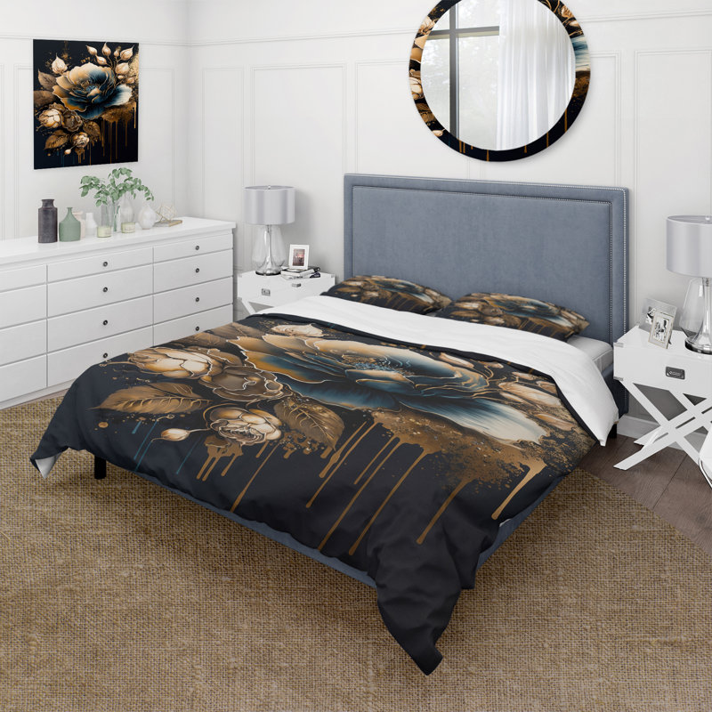 Ensemble de housse de couette floral bleu marine et rose doré II - microfibre de polyester