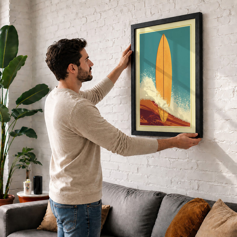 Surfboard and Wave Retro - Framed Print, A2 - 59.4 x 42.0 cm, Black