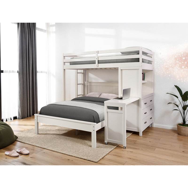 Lit simple contemporain avec bureau intégré, 3 tiroirs, tablettes attachées et ouvertes blanches pour la chambre à coucher, bureau