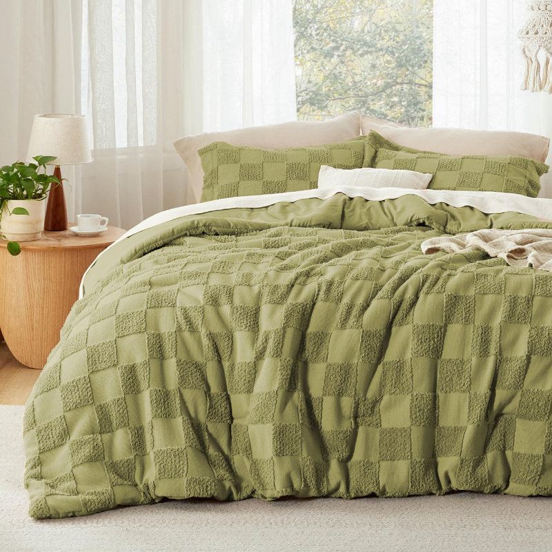 Bedsure Boho Tufted Checkered Farmhouse Comforter Set, Olive Green, Queen Comforter + 2 Standard Shams