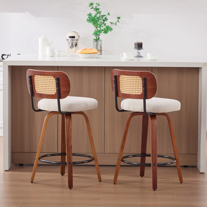 2 tabourets de bar pivotants hauts avec dossier en rotin et siège rembourré confortable, Beige, 2