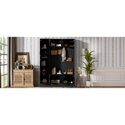 Arbre d'entrée de 79 po de hauteur avec rangement pour chaussures, banc d'entrée 4 en 1 avec 6 armoires, 4 crochets à manteau et tablette réglable pour le couloir, le salon, noir