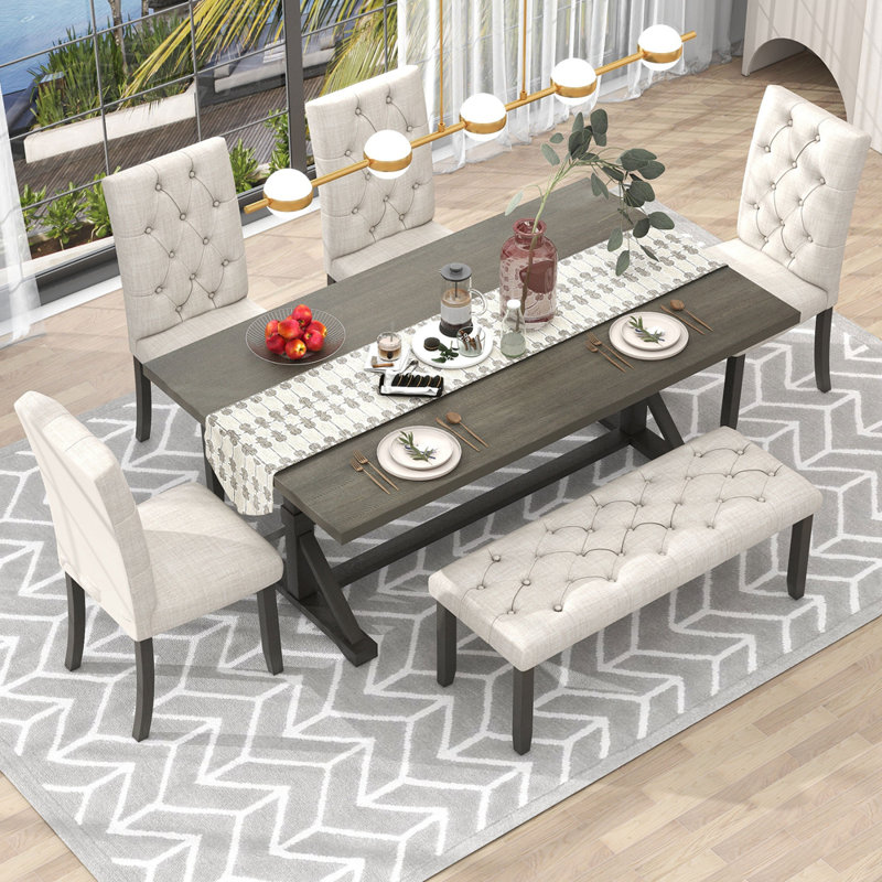 6-Piece Farmhouse Dining Table Set 72" Wood Rectangular Table, 4 Upholstered Chairs with Bench, Grey