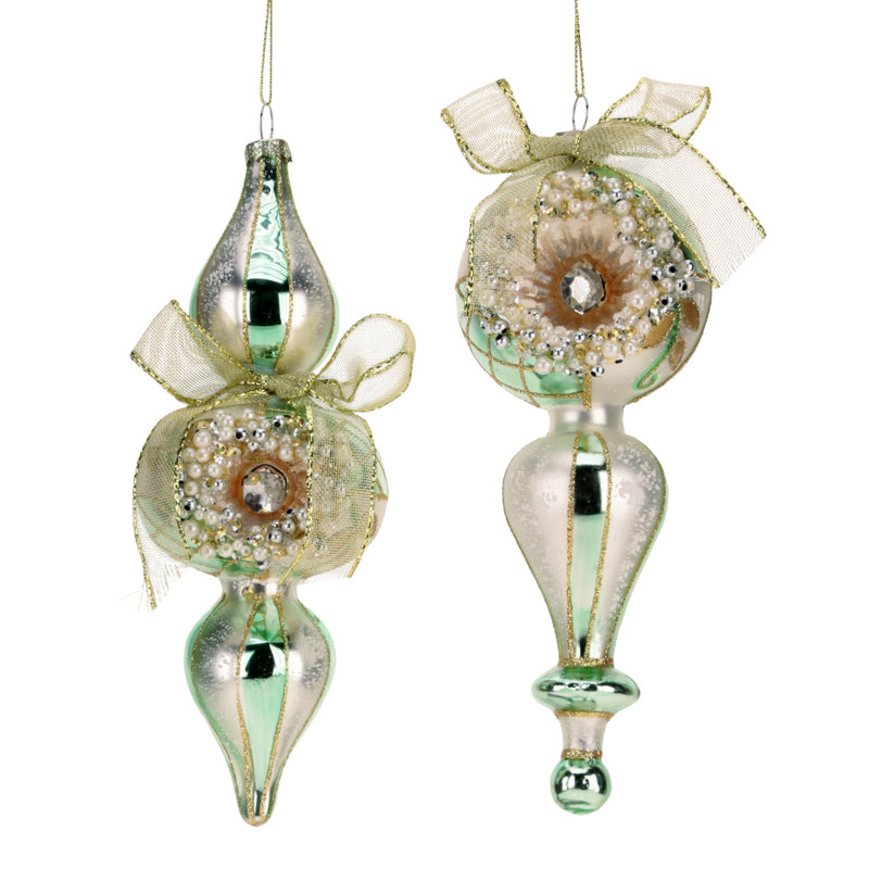 Vintage Pearl Finial Ornament - 7-8 Inches Set Of 12, Green/Silver
