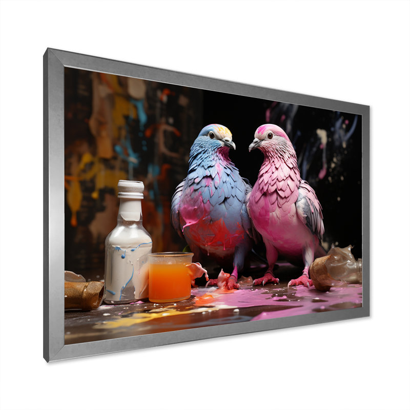 Gris et rose, pigeon sérénade II - art mural pigeon animal, Cadre de coin argenté fermé, H 16 po x l 32 po x P 1 po