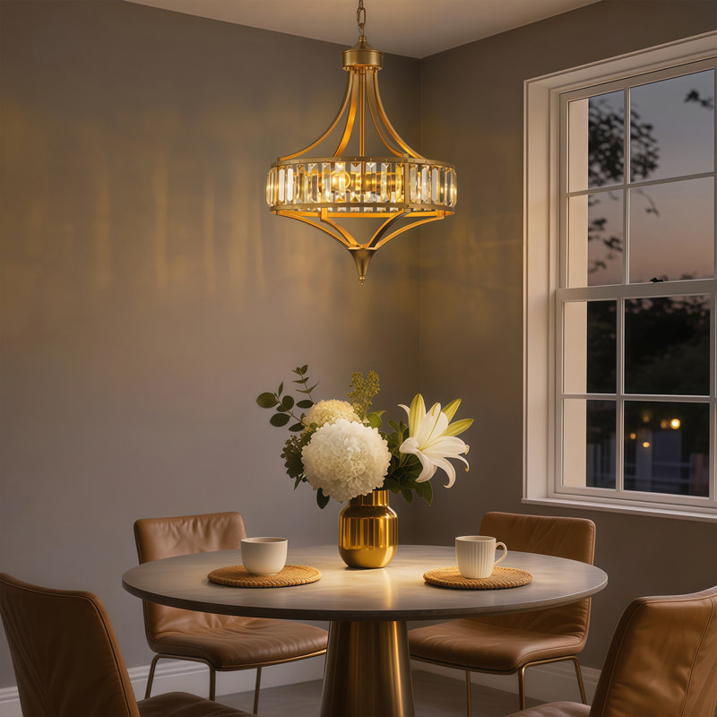 4 Light Crystal Drum Semi Flush Mount, Gold