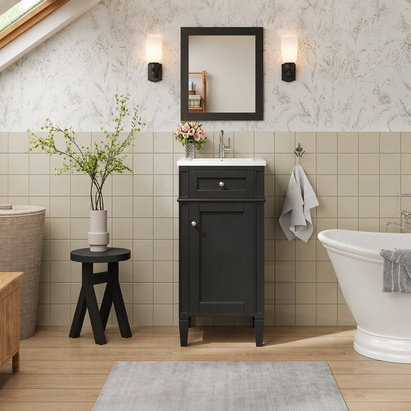 Ensemble de meuble-lavabo simple de 16 po avec lavabo en céramique, ensemble de meuble-lavabo autoportant avec porte à fermeture douce, tablette réglable, style français, pieds pleins, noir