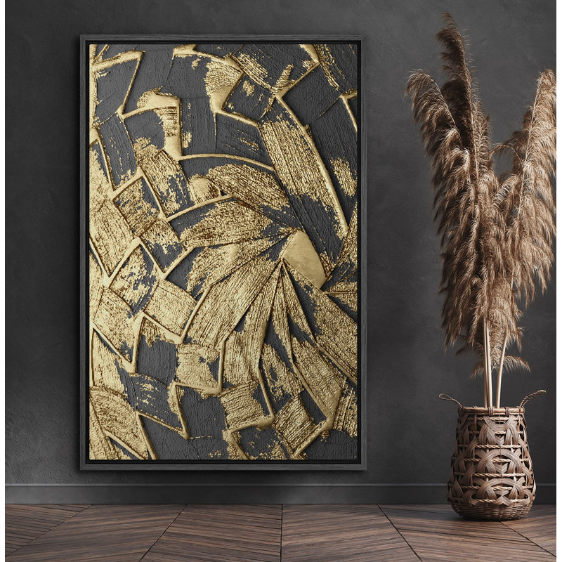 «Swirling Golden Textured Blocks Geometric Shapes Modern Art Contemporary Ultra», reproduction sur toile, Noir