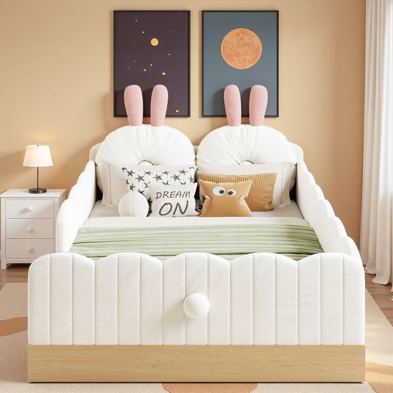 Upholstered Platform Bed With Animal-shaped Pillows And Storage Bags, Beige