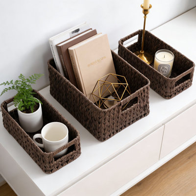 3-Pack Woven Storage Baskets Set, Handwoven Plastic Wicker Organizer With Metal Frame, Waterproof Multi-Functional Decorative Baskets For Home Organization In Living Room, Bathroom, Bedroom And Office