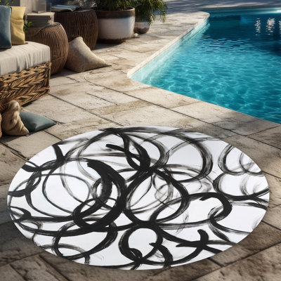 Abstract Curly Lines Rug | Black & White Round Outdoor Decor