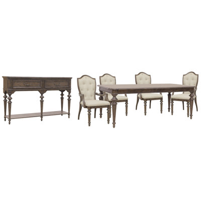 Extendable Leg Dining Table with 4 Upholstered Arm Chairs and Server