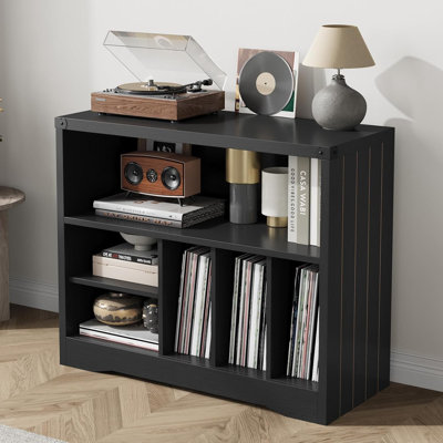 Support pour tourne-disque, support pour tourne-disque moderne avec cubes de rangement en vinyle, tablette multimédia en bois pour le rangement et la présentation des disques, organisateur en vinyle multifonctionnel pour le salon, finition noire
