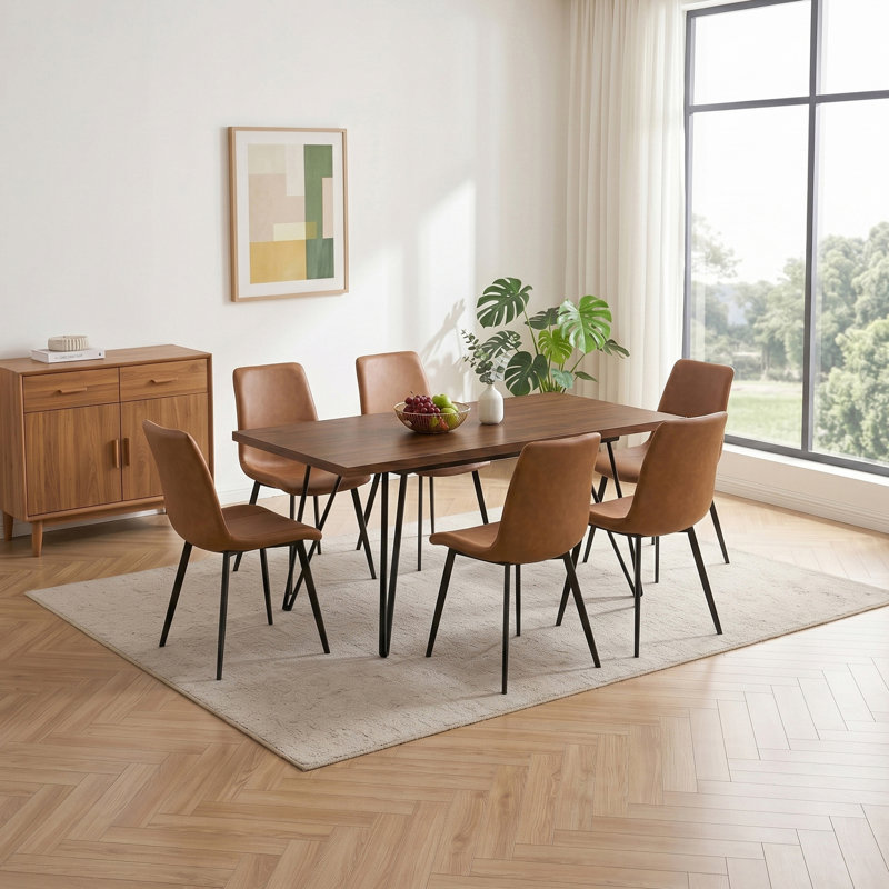 Ensemble de salle à manger 7 pièces à rallonge, table en MDF effet noyer avec pieds en métal noir et 6 chaises en polyuréthane brun, pour 6 personnes
