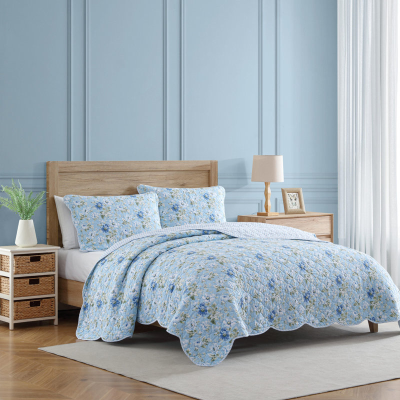 Ensemble de courtepointe réversible en coton Laura Ashley, Courtepointe pour grand lit + 2 taies décoratives, Bleu