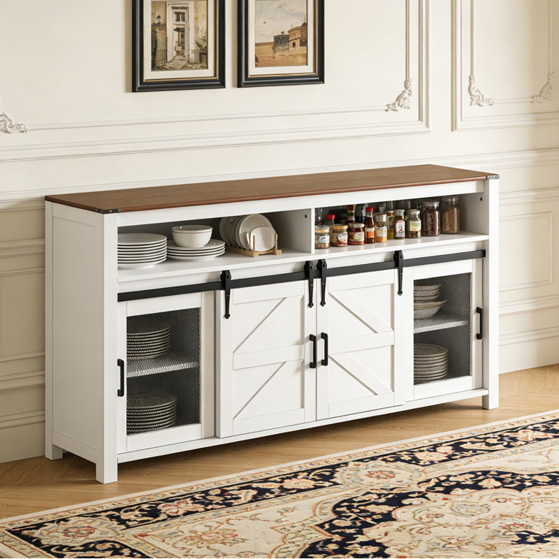 Buffet de ferme avec rangement ouvert 59,3 po avec porte de grange coulissante et panneaux grillagés, Brun / blanc
