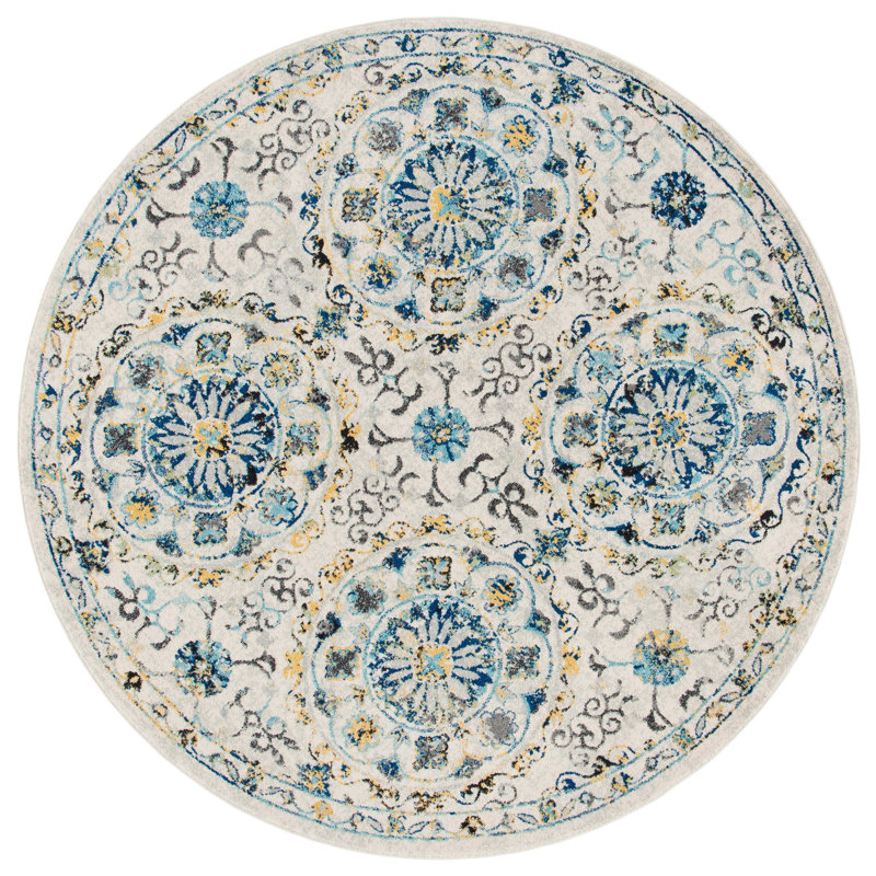 Tapis floral ivoire / bleu Osakis, Rond 6 pi 7 po