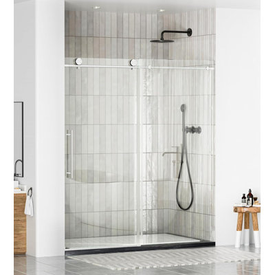  Frameless Shower Door 56-60" W X 76" H, Glass Shower Door, Shower Sliding Door With 5/16"(8Mm) ANSI Clear Tempered Glass, Explosion-Proof Film, Stainless Steel Hardware, Brushed Nickel