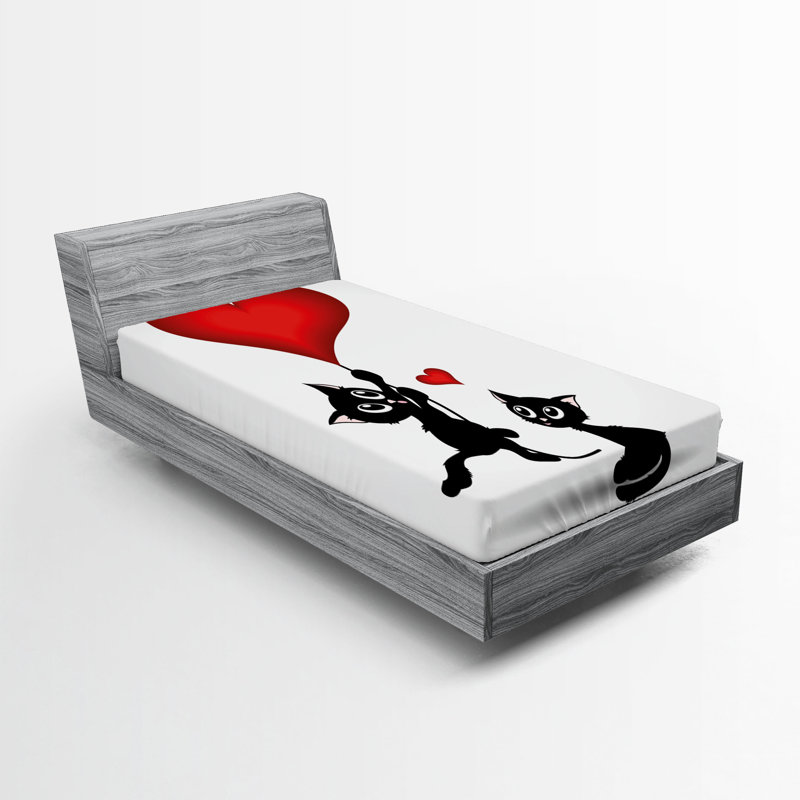 Drap-housse Ambesonne Valentines, lot de 2, chats, ballons, vermillon, noir, Twin Fitted Sheet