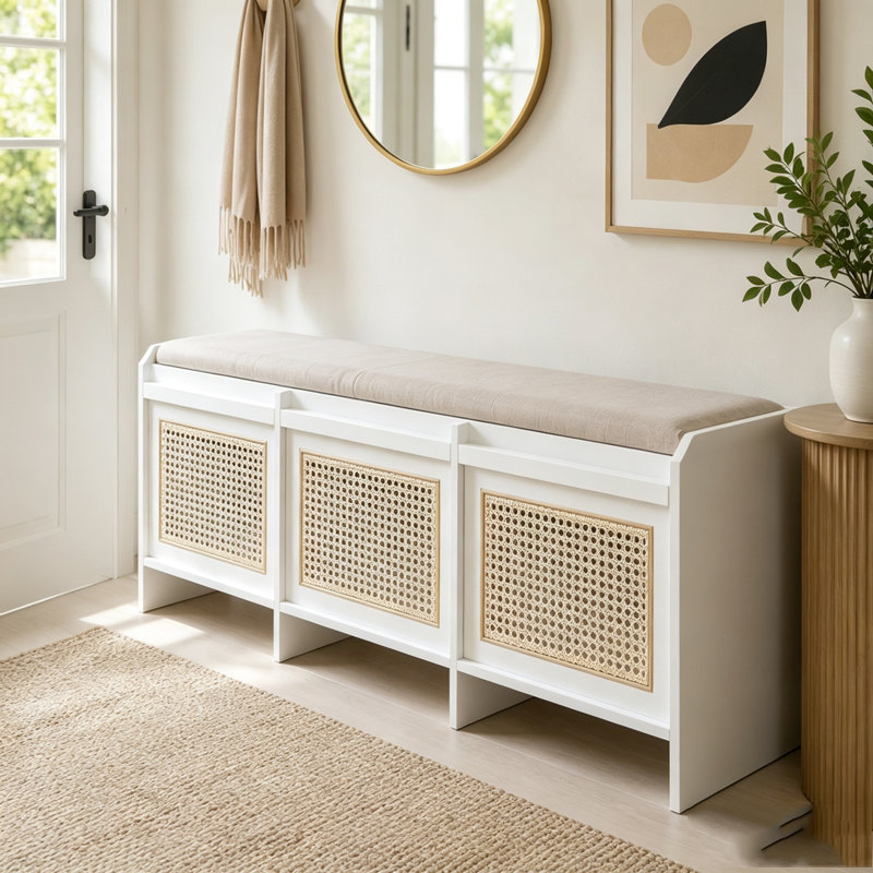 Banc de rangement pour chaussures 48 po, banc de rangement rétro avec tiroirs en rotin et coussin amovible capitonné, Blanc