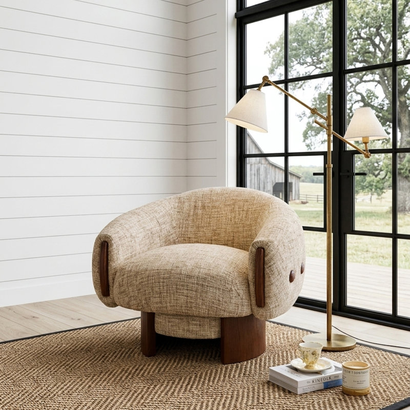 Fauteuil d'appoint pivotant, fauteuil demi-tonneau avec retour automatique à 180 °, méridienne rembourrée en chenille