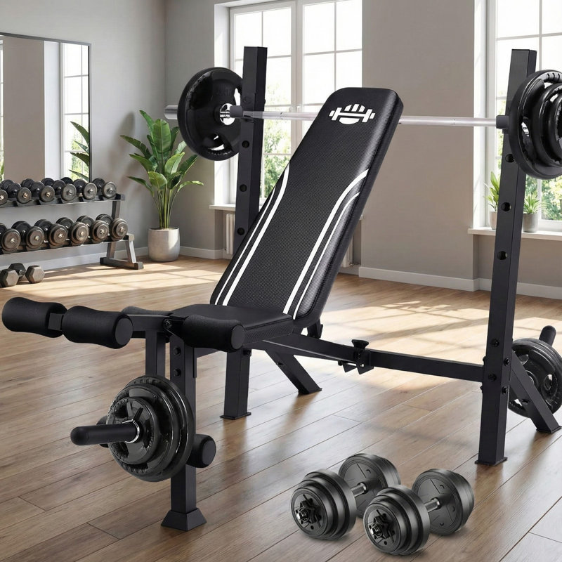 Heavy-Duty Collapsible Weight Bench With Squat Rack - 900 LBS Capacity All-In-One Training Station