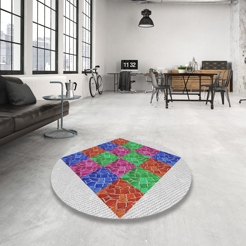 Tapis géométrique brun / bleu / rose, Rond 8 pi