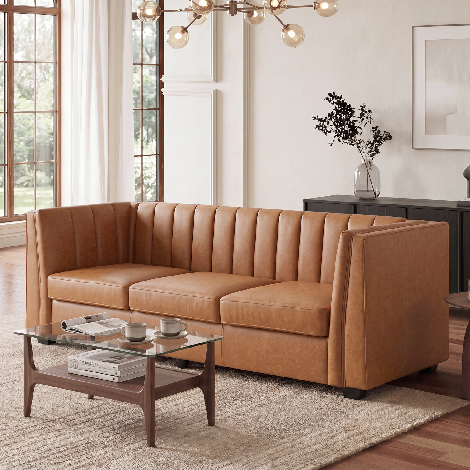 89" Velvet Sofa, Brown Faux Leather